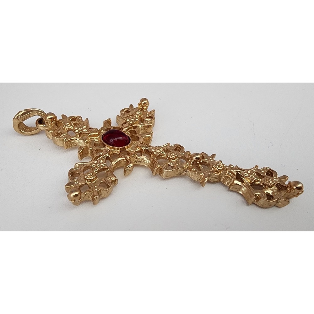1970s Avon Signed Red Cabochon Cross Pendant Large 2 3/4" Gothic Vintage - Picture 6 of 10